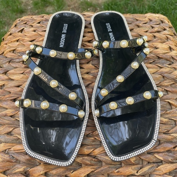NEW Steve Madden Yalsa Black Jelly Pearl Embellished Flat Slide Sandals.  Size 9 - Picture 3 of 7